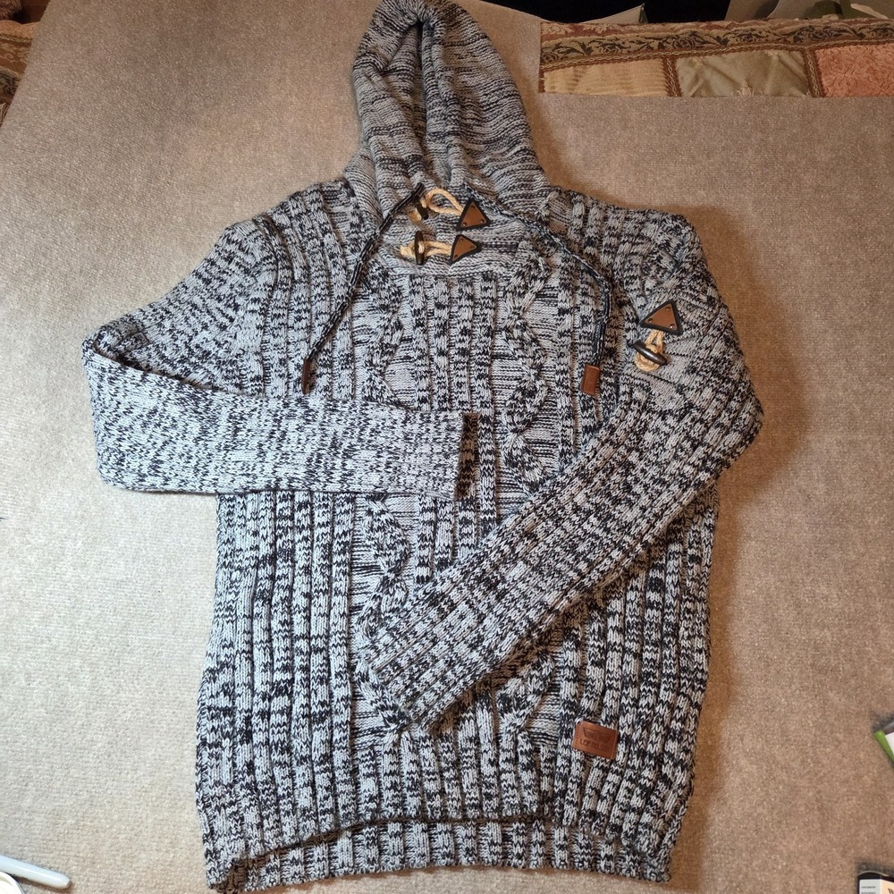 Leif Nelson Hooded Sweater Men 5X Gray Cable Knit Button Chunky Nordic Fisherman
